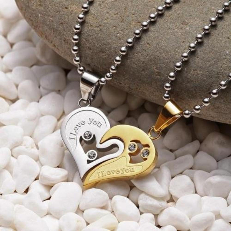 I Love You Couples Heart Necklace Set