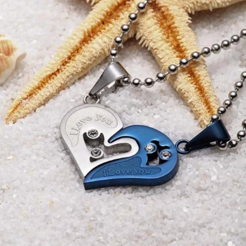 I Love You Couples Heart Necklace Set